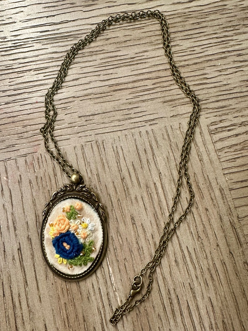 Handmade Vintage-Inspired Blue & Yellow Floral Embroidery Pendant Necklace